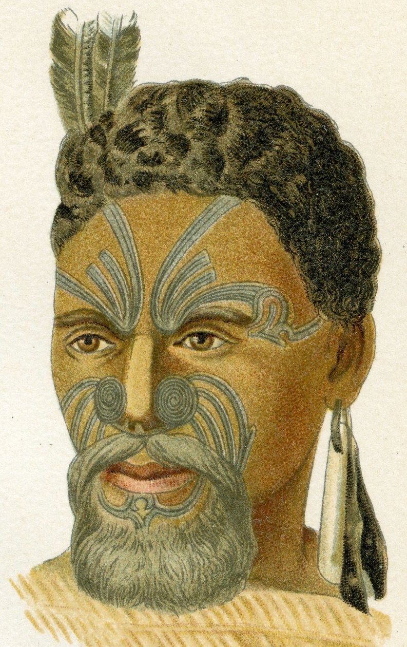 Cara tatuada de un jefe maorí, 1894 de German School