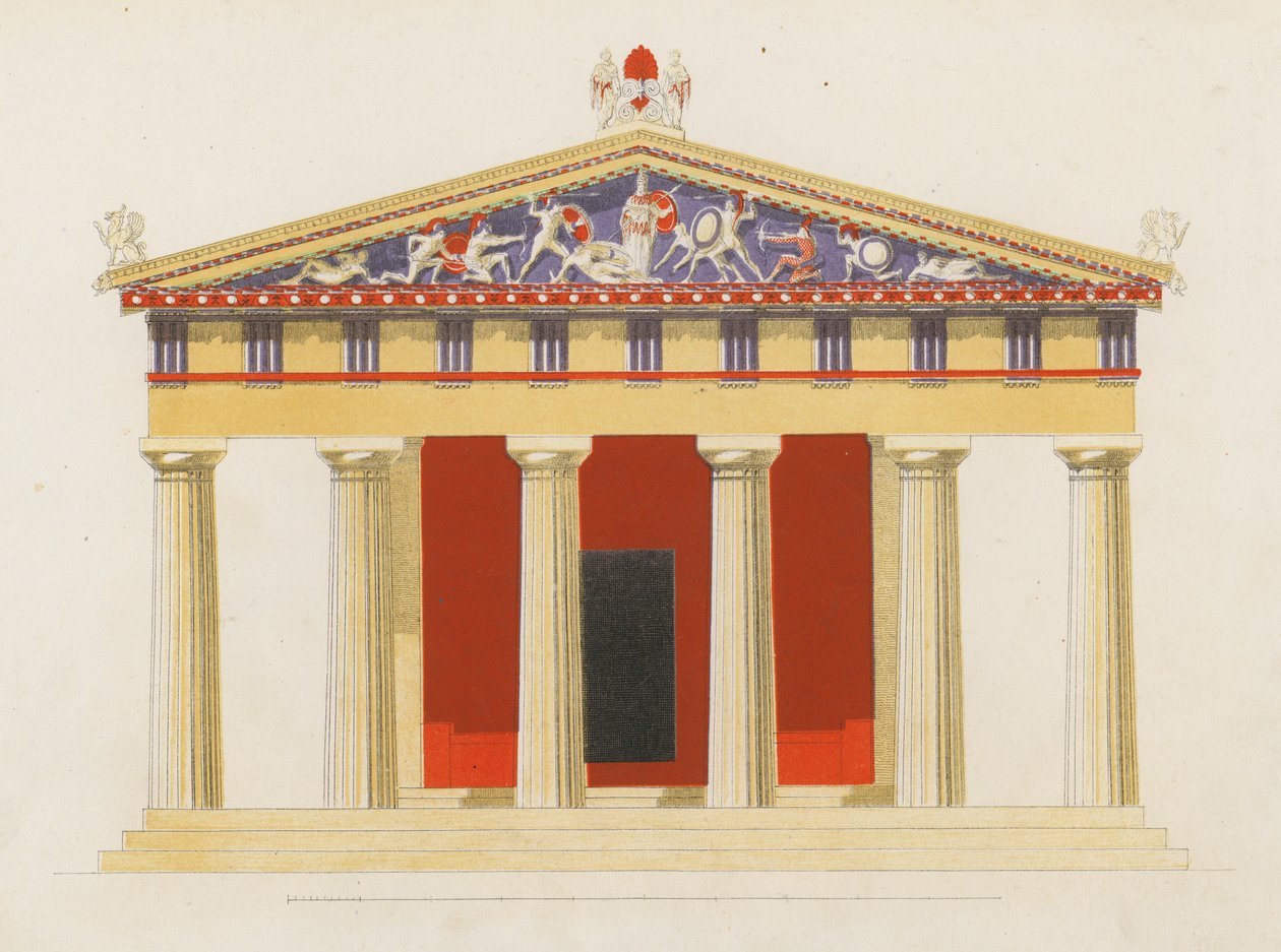 Templo de Aphaea, Egina, Grecia (litografía en color) de German School