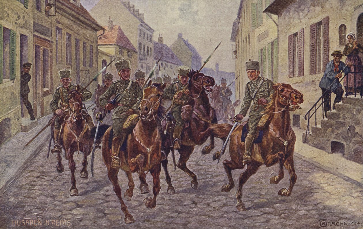 Toma temporal de la ciudad de Reims por los húsares alemanes, Primera Guerra Mundial, 9 de septiembre de 1914 (litografía en color) de German School