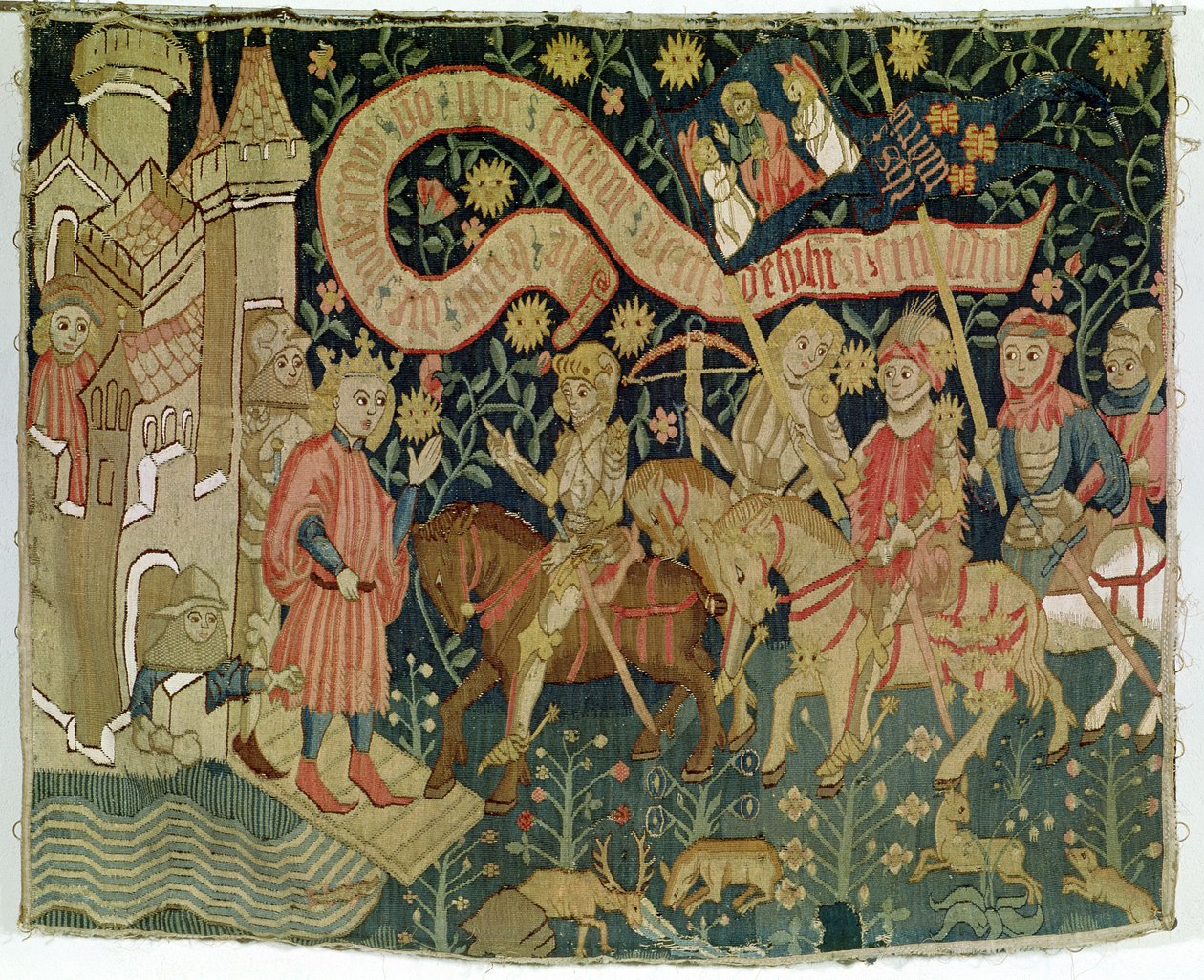 La llegada de Juana de Arco (c.1412-31) al castillo de Chinon el 6 de marzo de 1423, recibida por Carlos VII (1403-61), fabricada en la época de La Doncella de German School