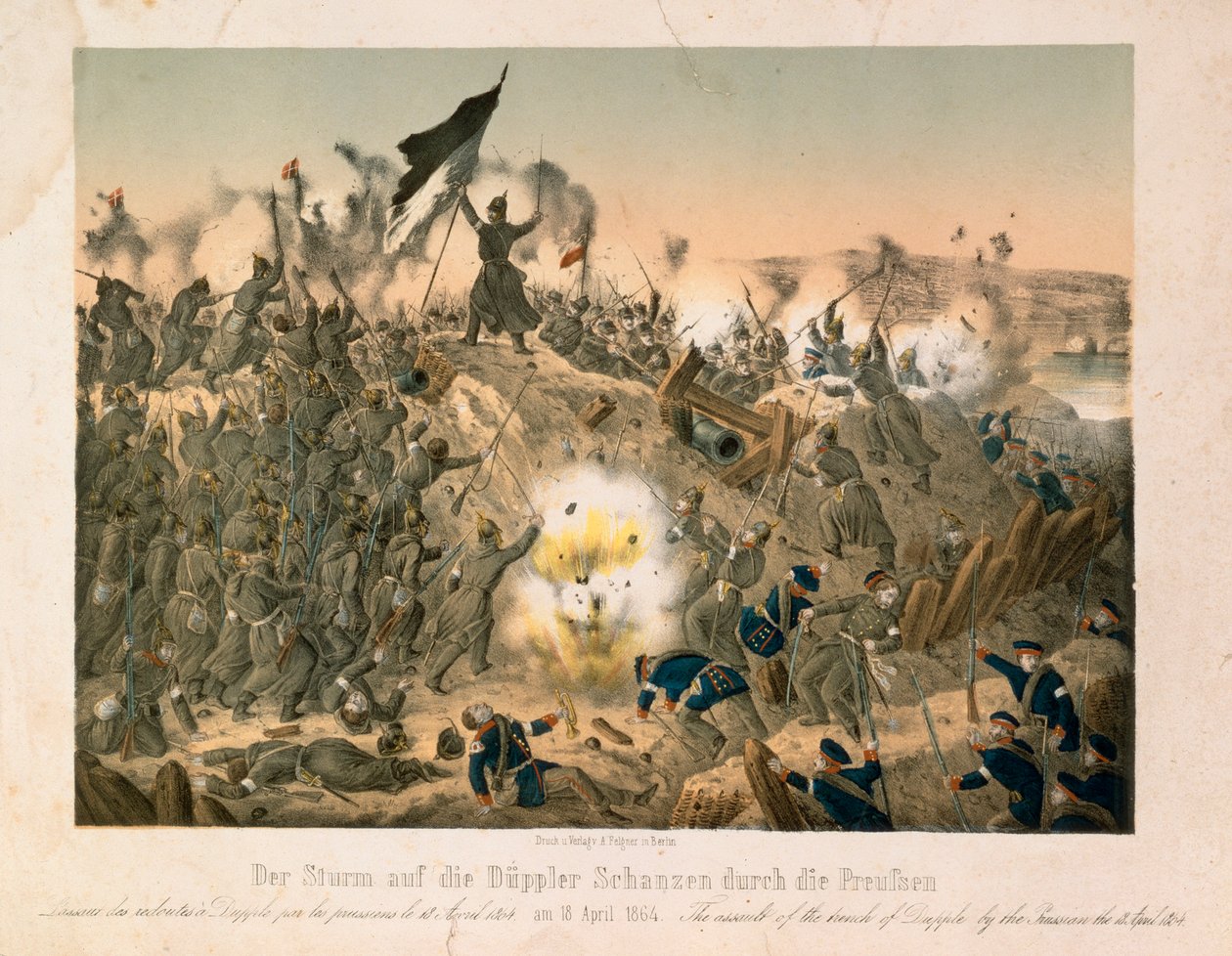 La batalla de Dybboel en la Segunda Guerra de Schleswig, el 18 de abril de 1864, publicada por Verlag A. Felgner, Berlín, 1864 de German School