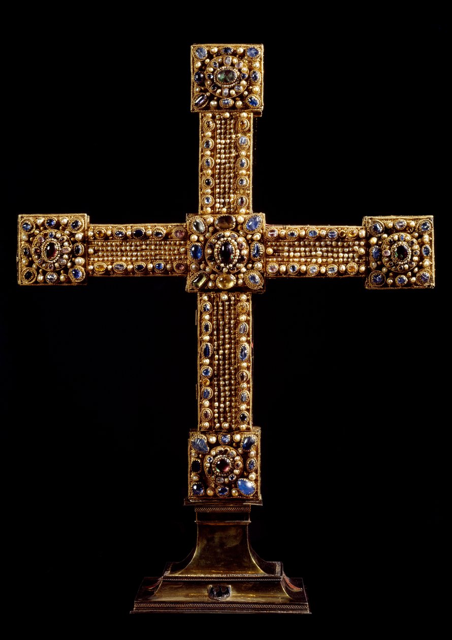 La Cruz del Imperio (Reichskreuz) hecha de oro, piedras y perlas por la manufactura alemana. Principios del siglo XI Dim. 71x77 cm Viena, Kunsthistorisches Museum - La Cruz del Sacro Imperio Romano (Reichskreuz) recubierta con pan de oro y decorada con g de German School