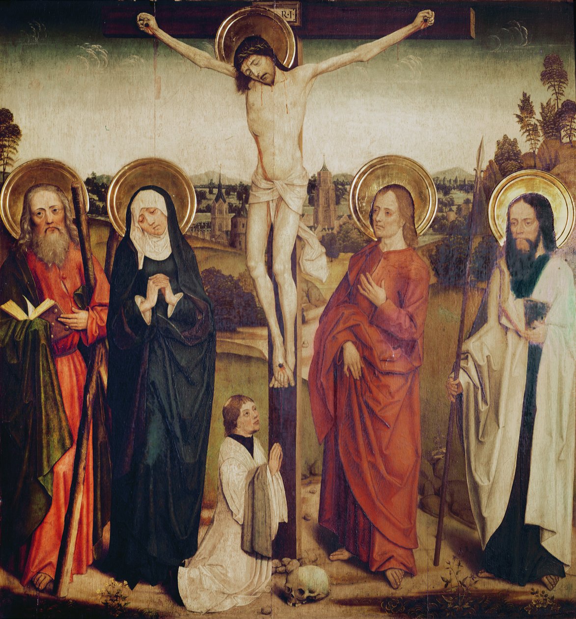 La Crucifixión, con San Andrés, San Mateo y un hombre arrodillado al pie de la cruz de German School