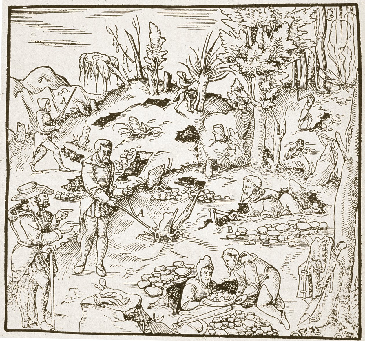 La vara de adivinación, de Bergwerk Buch por Georg Agricola, Frankfurt 1580, ilustrado en una Historia de la Magia, publicado a finales del siglo XIX de German School