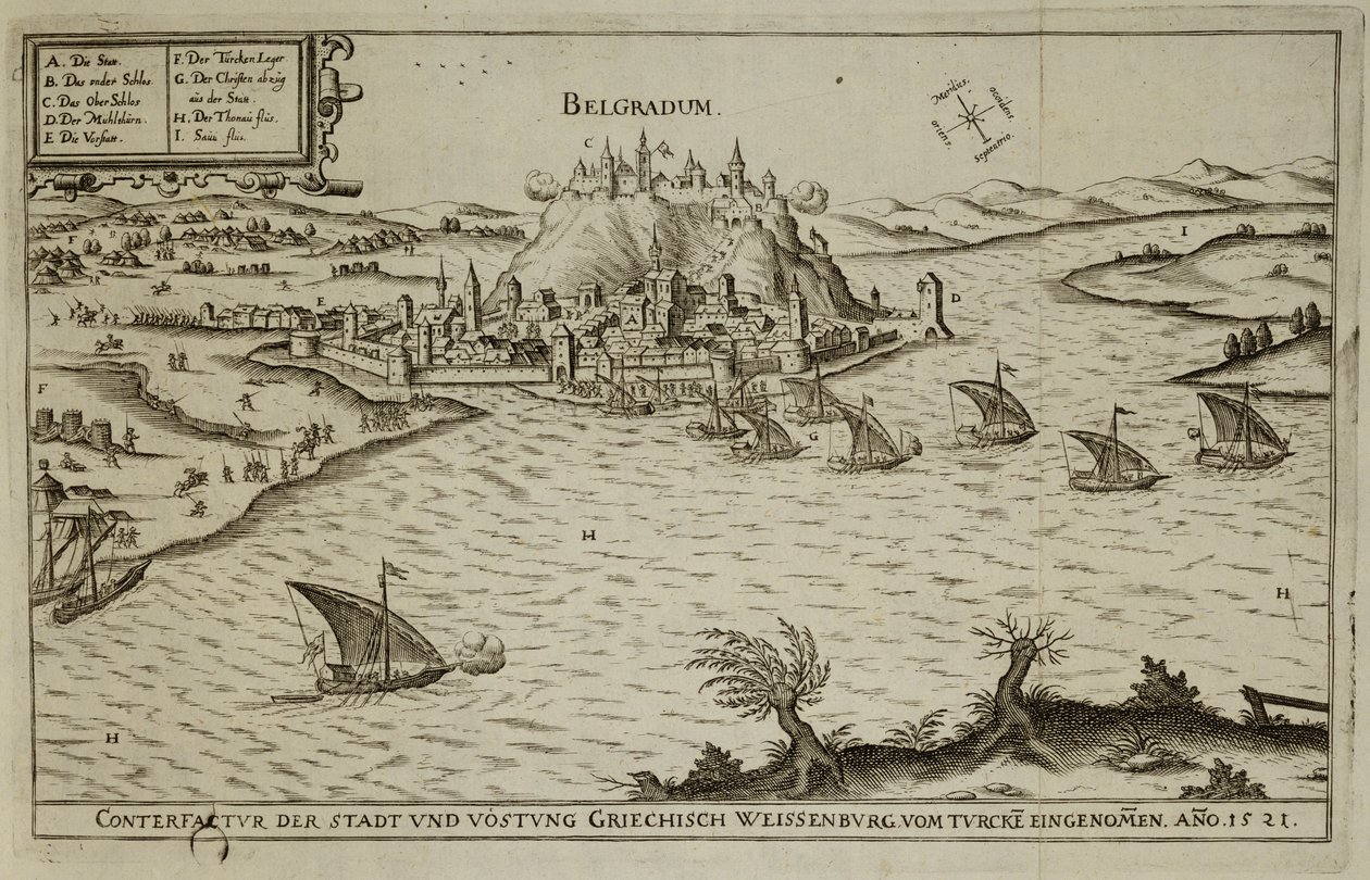 La Caída de Belgrado ante los Turcos en 1521, ilustración de un libro sobre las campañas otomanas en Europa, grabado por Paul Furst de German School