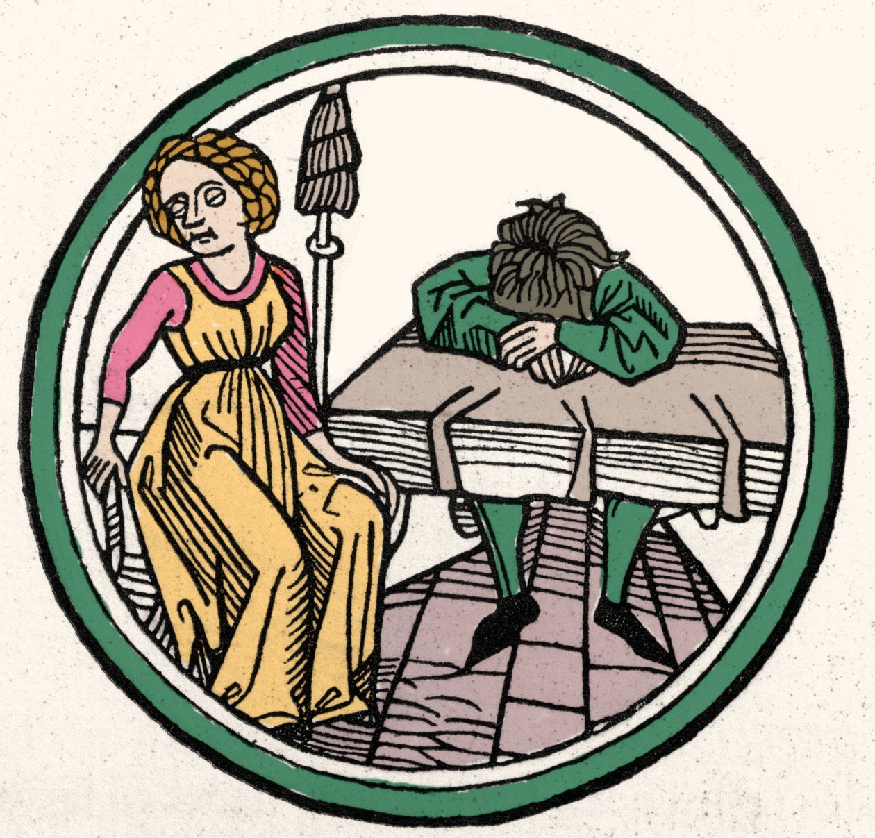 Los Cuatro Temperamentos: Melancólico (triste y deprimido). Xilografía, Augsburgo 1480 de German School