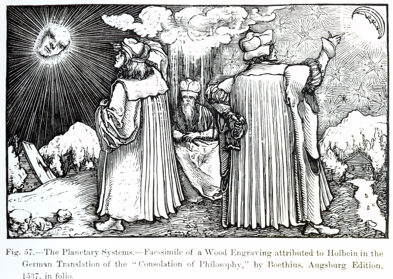 Los sistemas planetarios, de La Consolación de la Filosofía de Boecio, publicada en 1537, ilustración de Ciencia y Literatura en la Edad Media y el Renacimiento, escrita y grabada por Paul Lacroix de German School