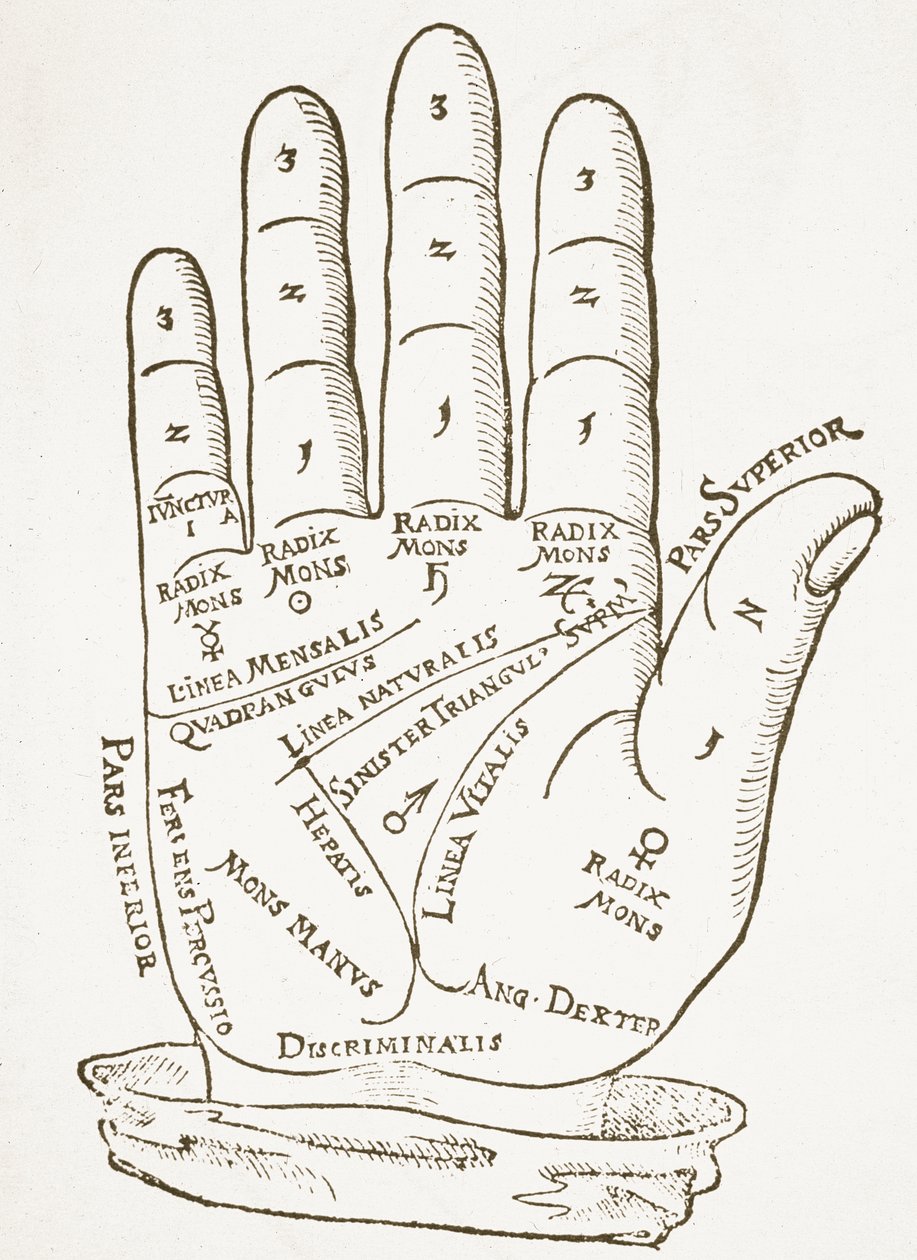 La mano derecha, copia de una ilustración de Cerasariensis por Tricassus, Núremberg 1560, usado en una Historia de la Magia, publicado a finales del siglo XIX de German School