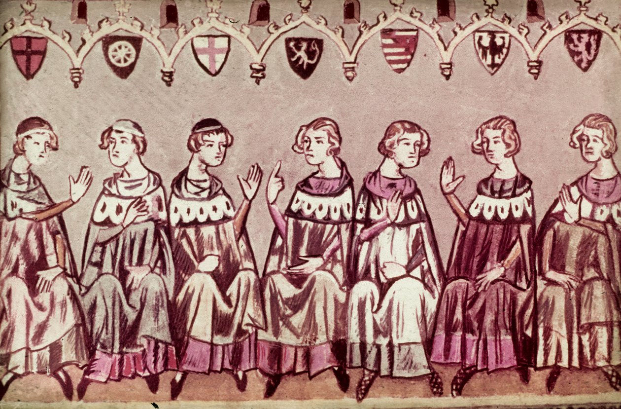 Los Siete Príncipes Electores eligiendo a Enrique VII, Emperador del Sacro Imperio Romano, ilustración de la Crónica de Enrique VII (Balduineum) 1341 de German School