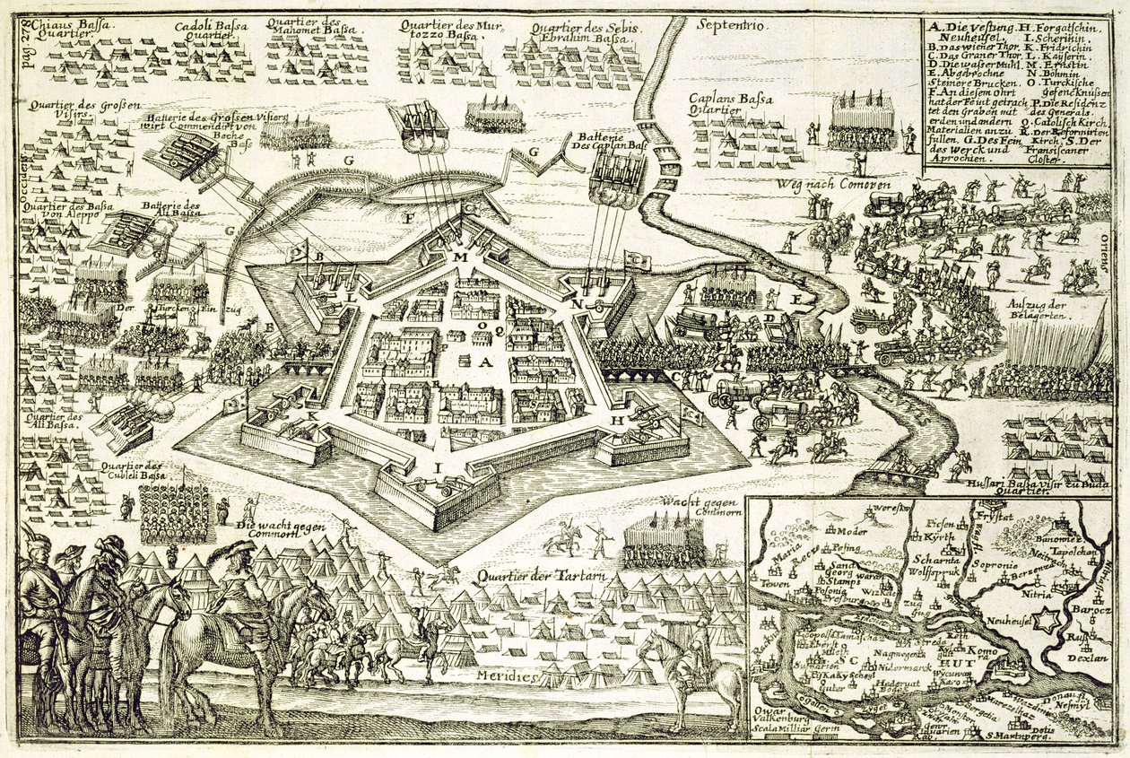 El Sitio de Neuhausel por los Turcos en 1663, ilustración de un libro sobre las campañas otomanas en Europa, grabado por Paul Furst de German School
