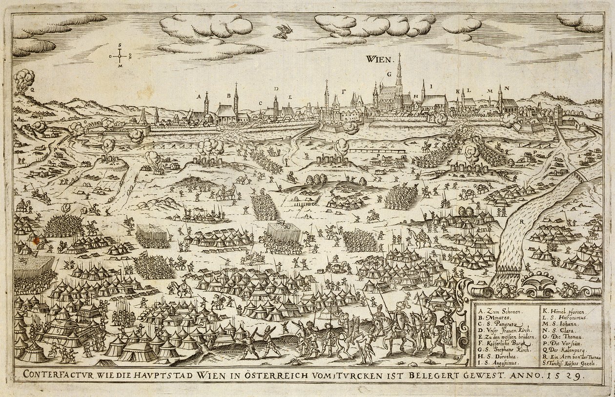 El Sitio de Viena en 1529, ilustración de un libro sobre las campañas otomanas en Europa, grabado por Paul Furst de German School