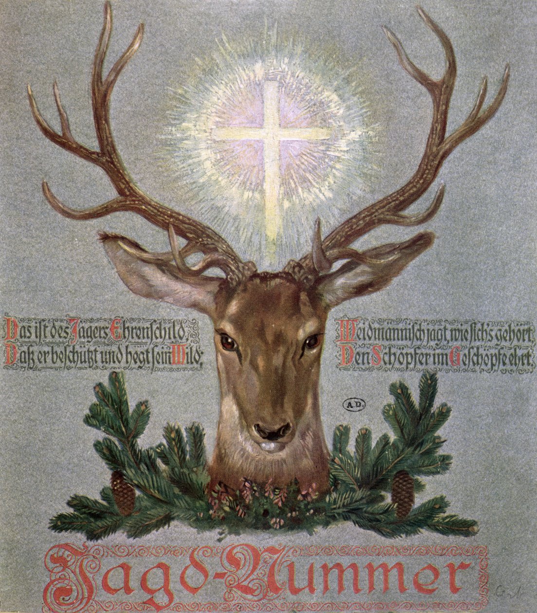 El ciervo de San Huberto (655-727), ilustración de portada de una revista de caza, 1908 de German School