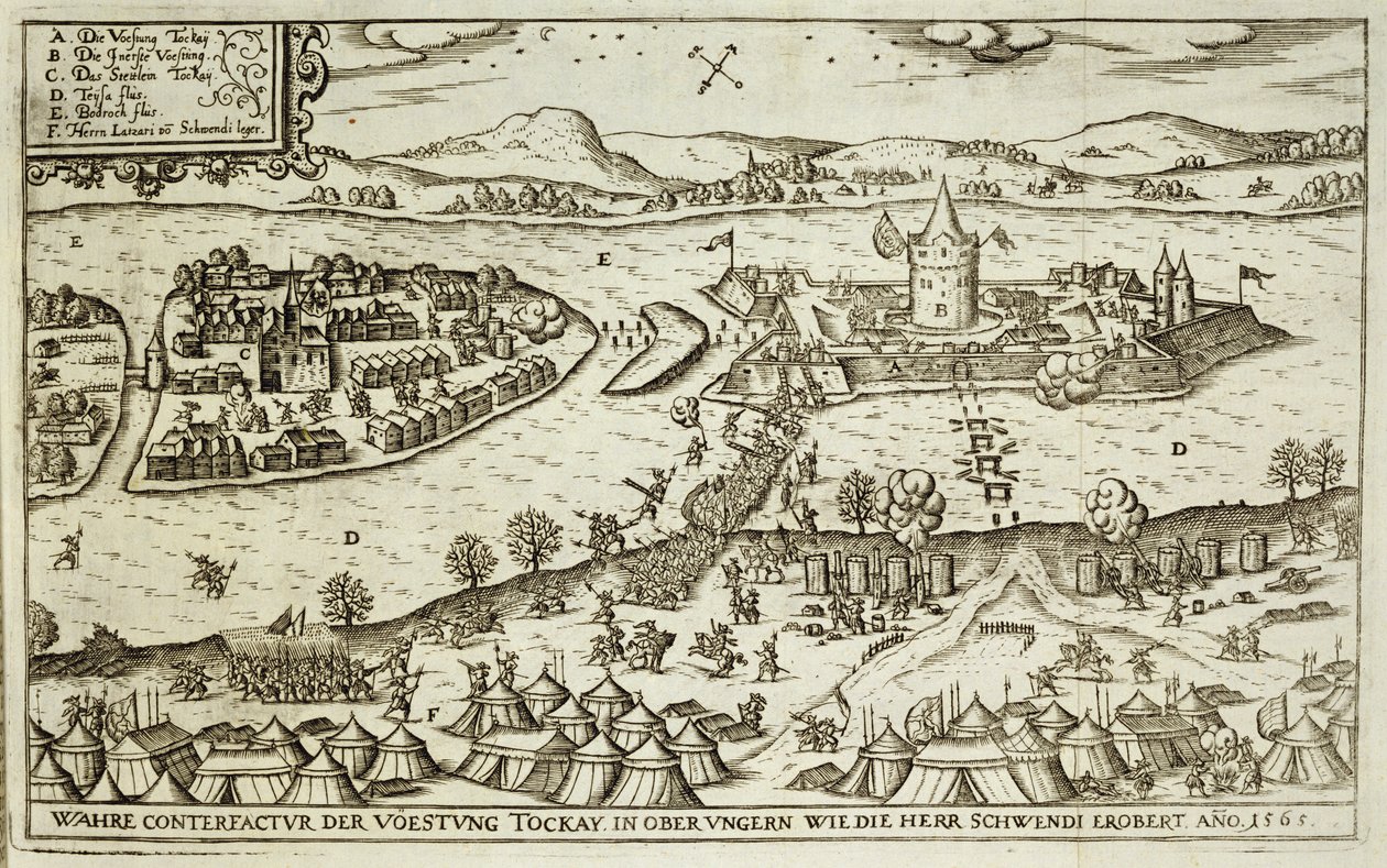 La Ciudad de Tokay Recuperada de los Turcos por Herr Schwendi en 1565, ilustración de un libro sobre las campañas otomanas en Europa, grabado por Paul Furst de German School
