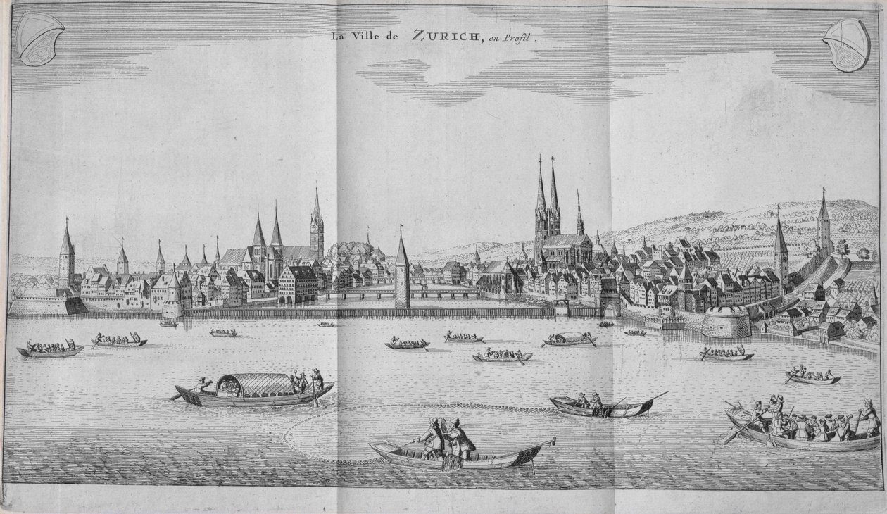 La ciudad de Zúrich, Suiza, del Volumen II de Itinera Alpina por Johann Jacob Scheuchzeri, publicado en 1706 de German School