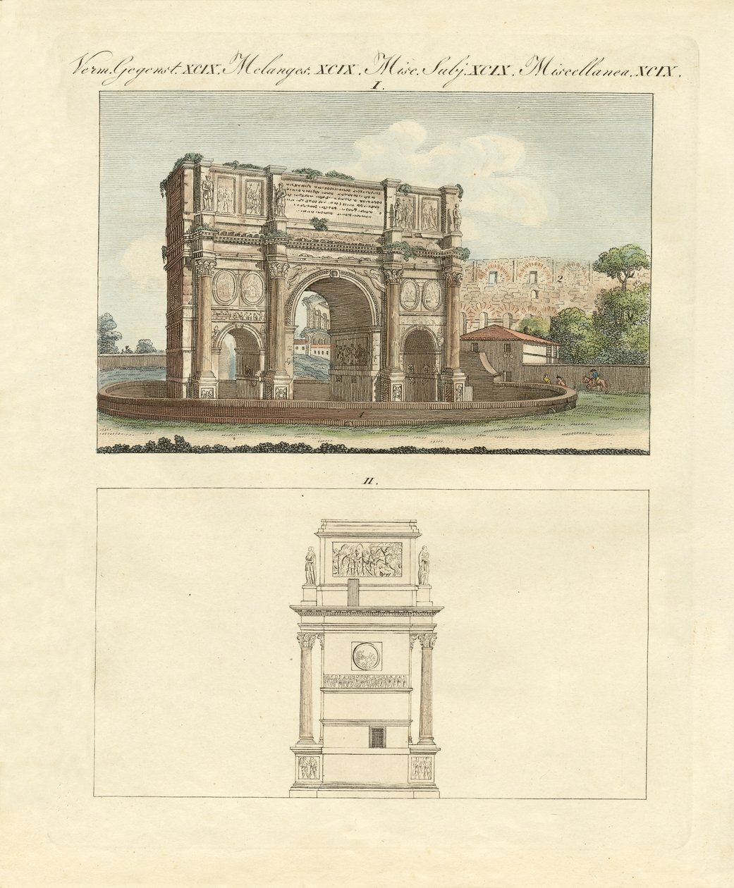 El Arco Triunfal del Emperador Constantino en Roma (grabado coloreado) de German School