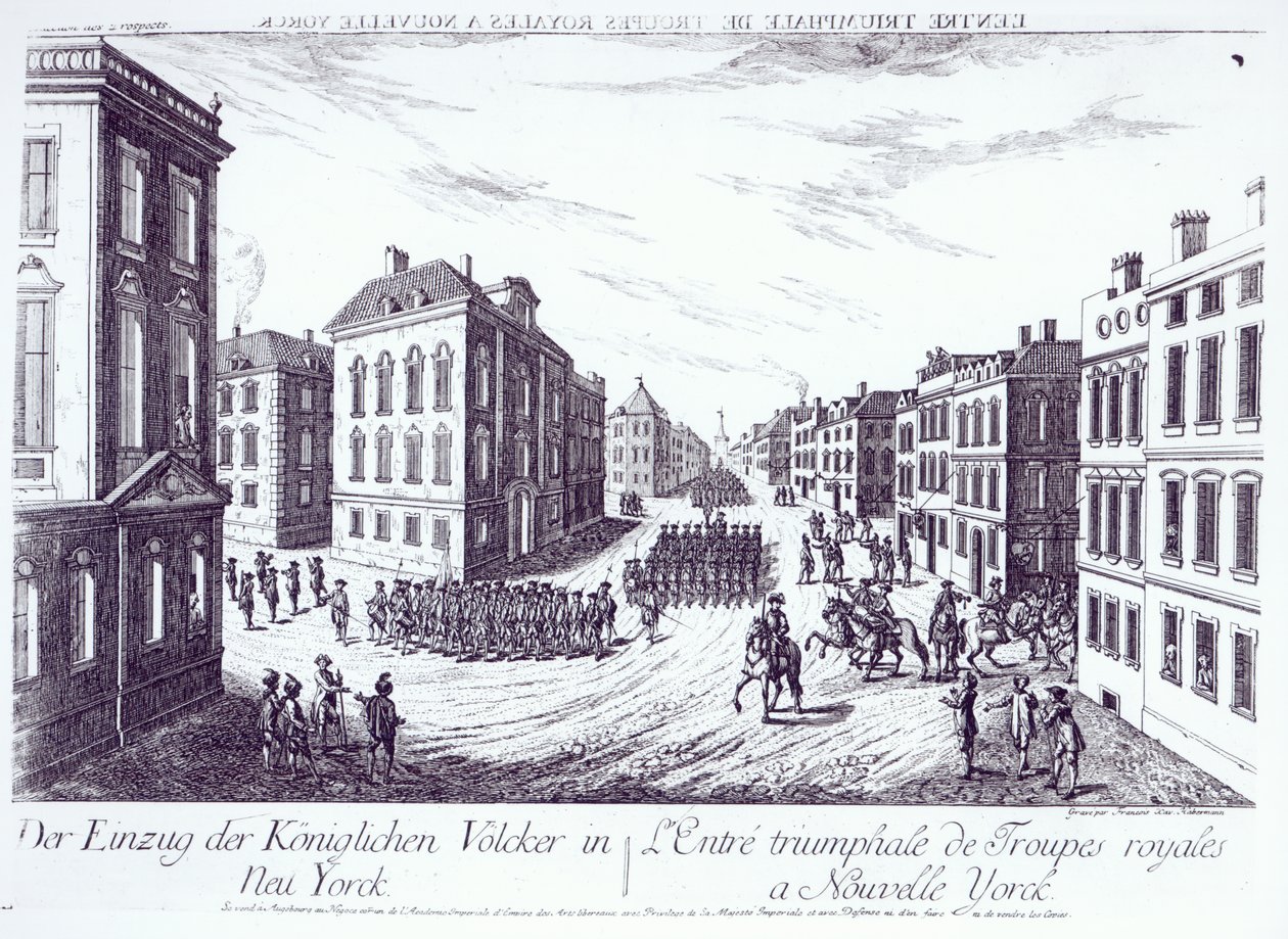 La entrada triunfal de las tropas reales en Nueva York, 1776, grabado por François Xavier Habermann de German School