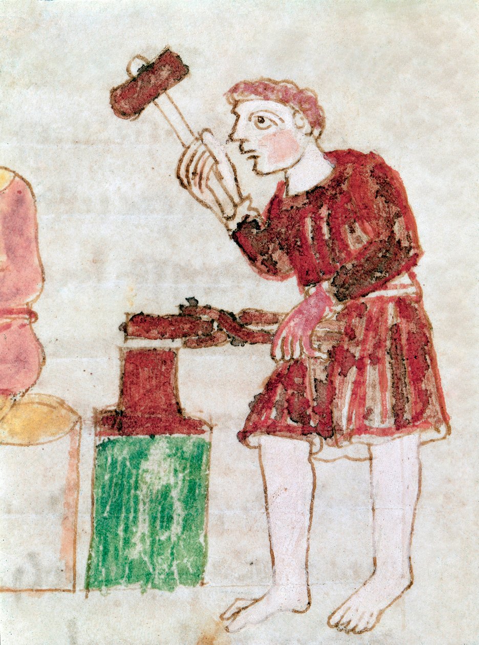 El herrero golpeando hierro en un yunque en miniatura del manuscrito "De Universo" de German School