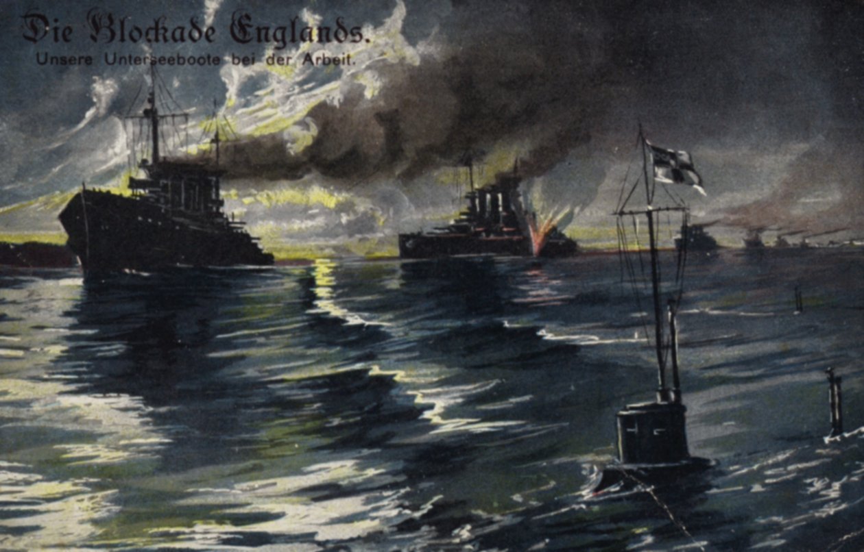 El bloqueo de Inglaterra, Primera Guerra Mundial (litografía en color) de German School