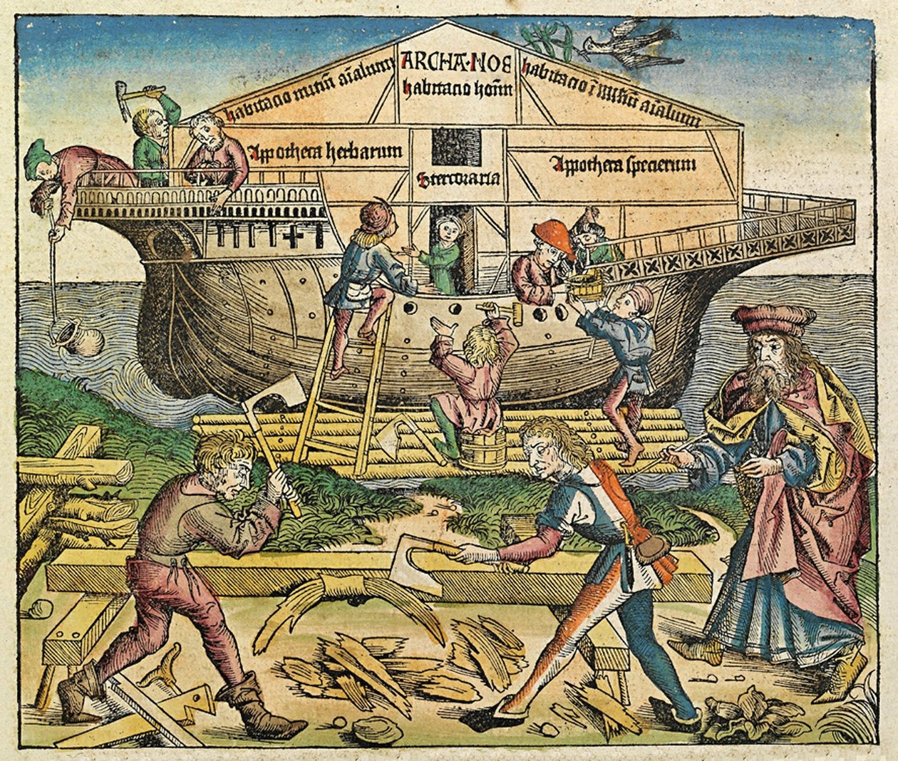 La construcción del Arca de Noé, publicado en la Crónica de Núremberg, 1493 de German School