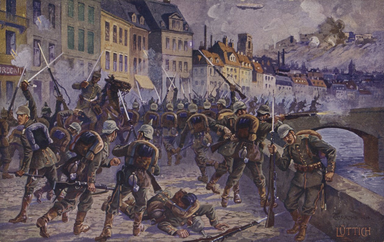 La toma de Lieja, Bélgica, Primera Guerra Mundial, 7 de agosto de 1914 (litografía en color) de German School