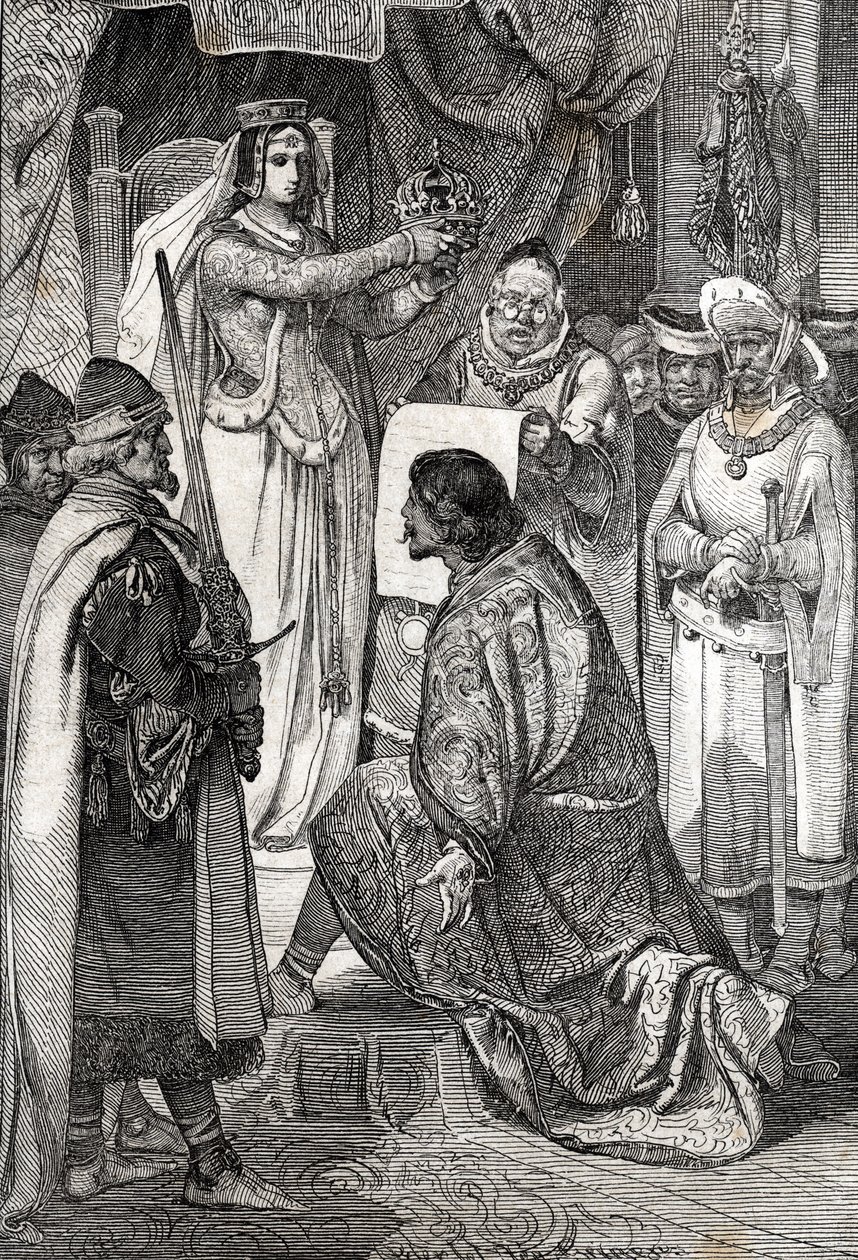 La coronación de Erik XIII de Pomerania como rey de los reinos nórdicos de Suecia, Dinamarca y Noruega, por Margarita I de Dinamarca de German School