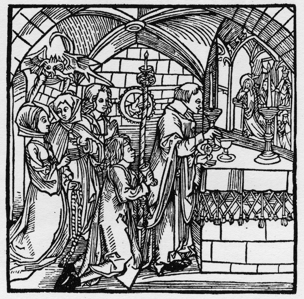 El diablo hace que las mujeres charlen durante la misa - en “Der Ritter von Turn” por el Caballero Marquard vom Stein de German School