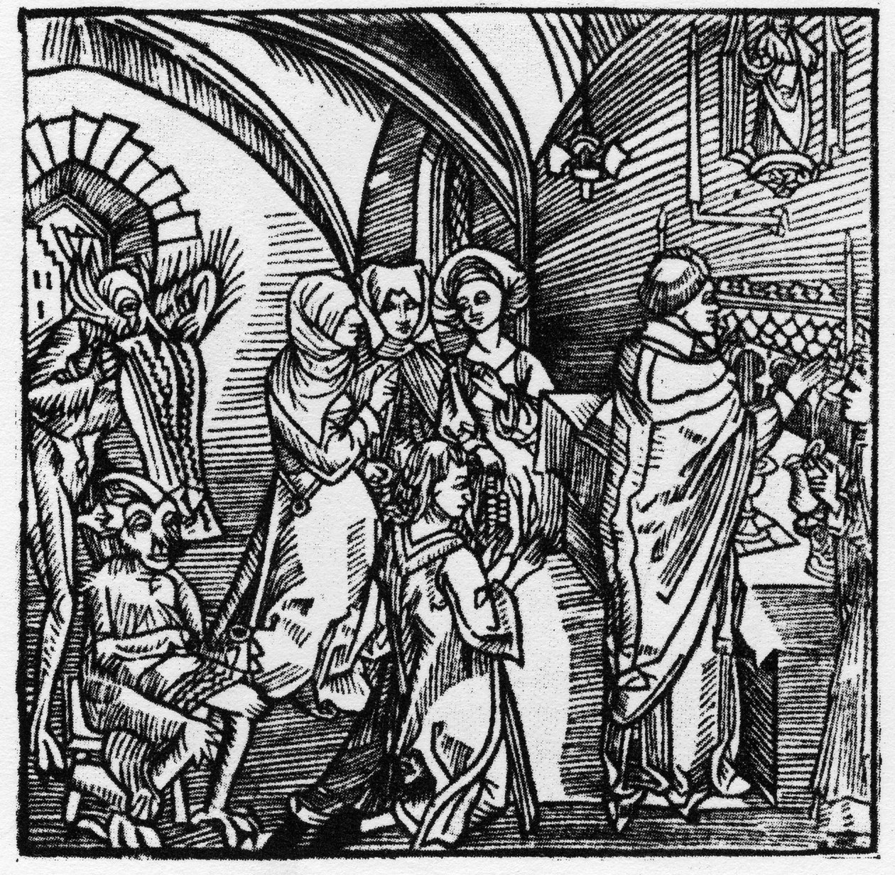 Los diablos transcriben la charla de los mercaderes durante la Misa - en "Der Ritter von Turn" del Caballero Marquard vom Stein 1498 de German School