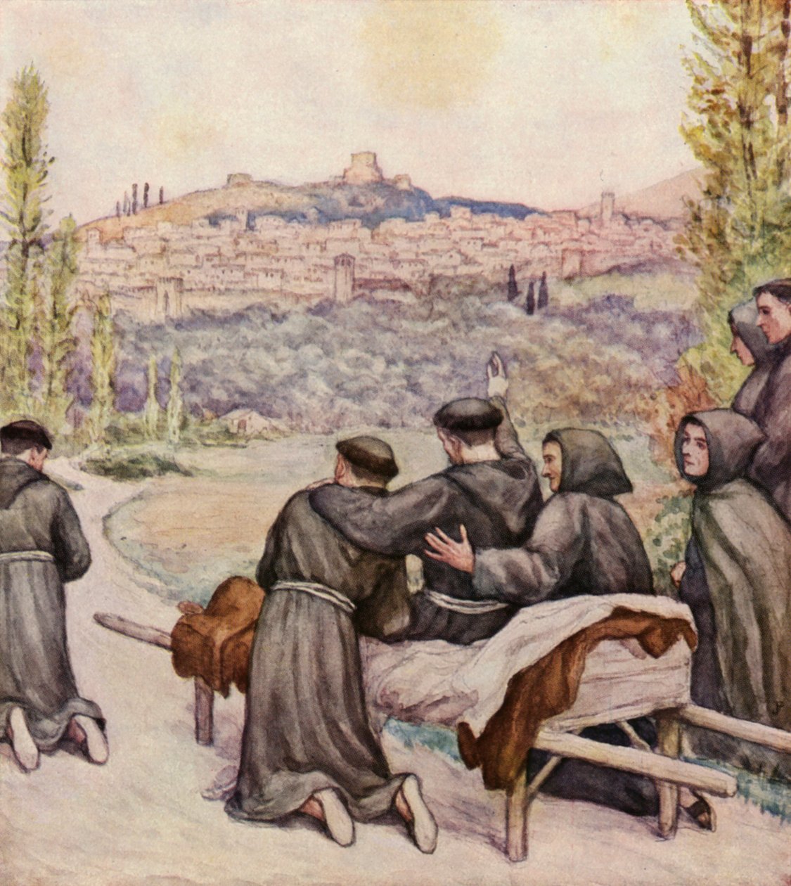 San Francisco moribundo bendiciendo la ciudad de Asís (litografía en color) de German School