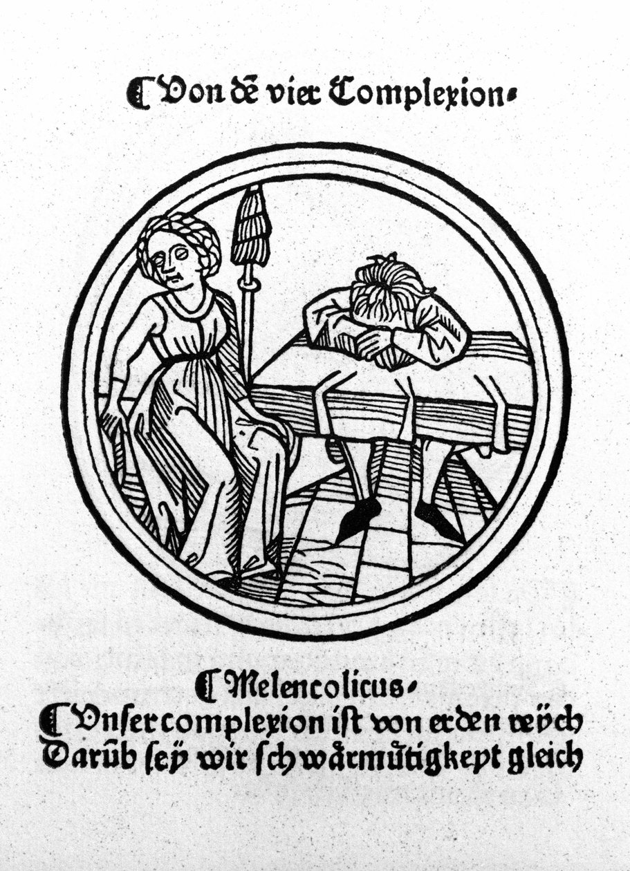 Los cuatro temperamentos: melancólico (triste y deprimido). Xilografía, Augsburgo 1480 de German School
