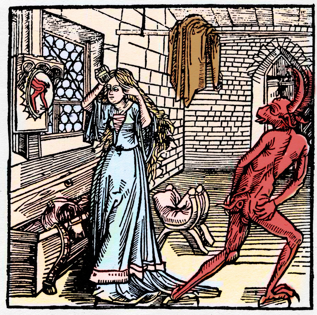 La dama admirándose en el espejo solo ve un reflejo del trasero del Demonio - símbolo de la Vanidad - Conducta irreverente del diablo hacia una mujer coqueta - en 