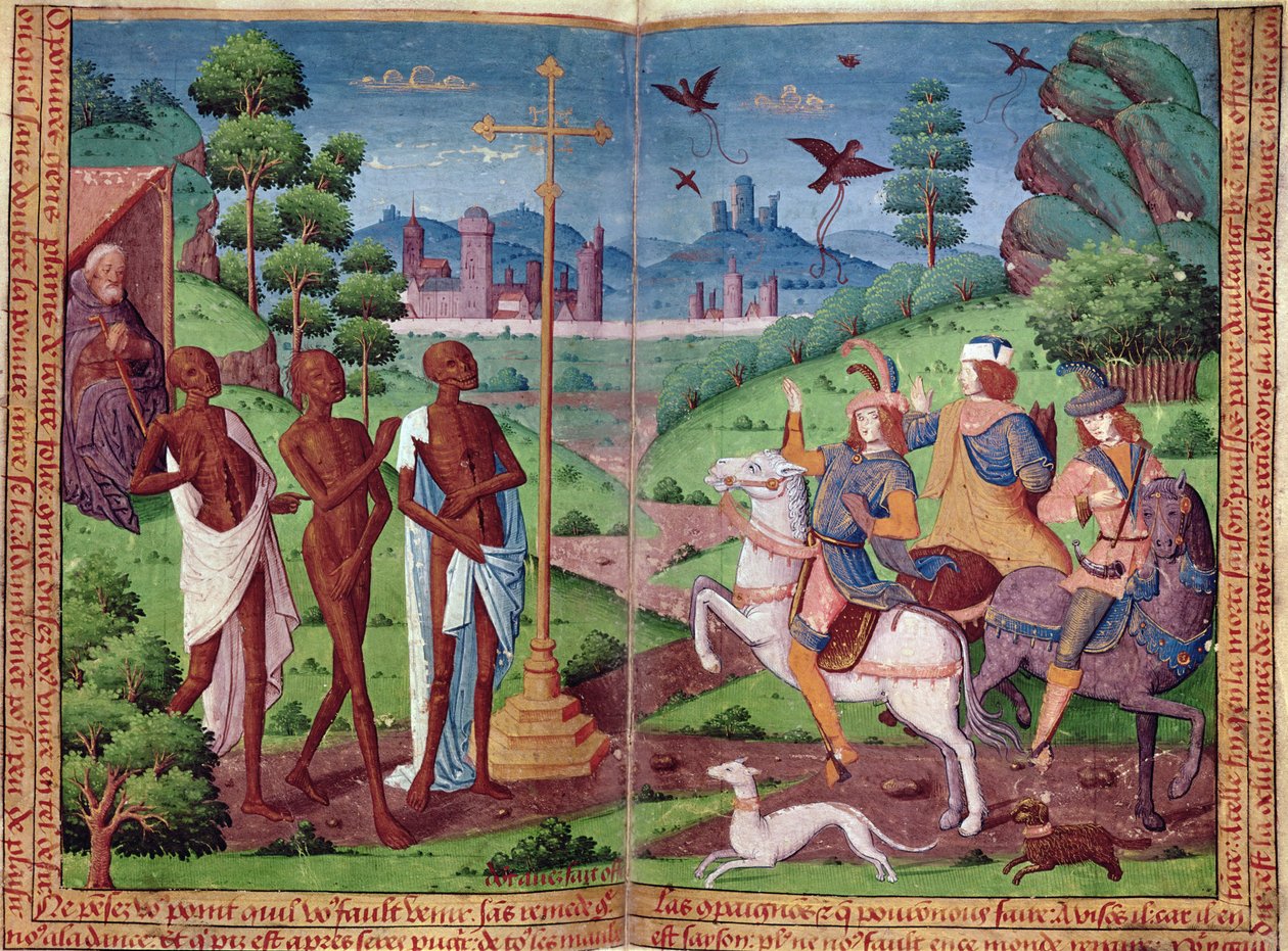 La leyenda de los tres vivos y los tres muertos, del Libro de Horas de Carlos V (vitela) de German School
