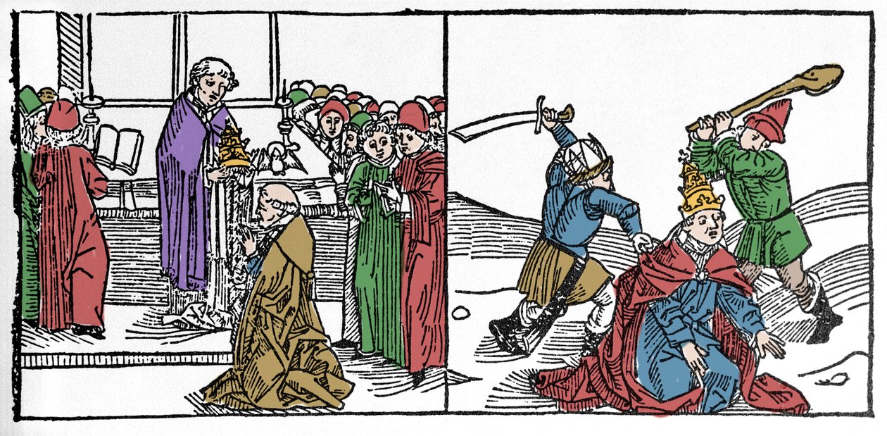 El martirio de San Fabián (siglo III), Papa torturado y decapitado, bajo el reinado del emperador Decio. Grabado de “Leben der Heiligen - sommerteil” (El libro de los santos) de Jacobus de Voragine. Lübeck 1488 de German School