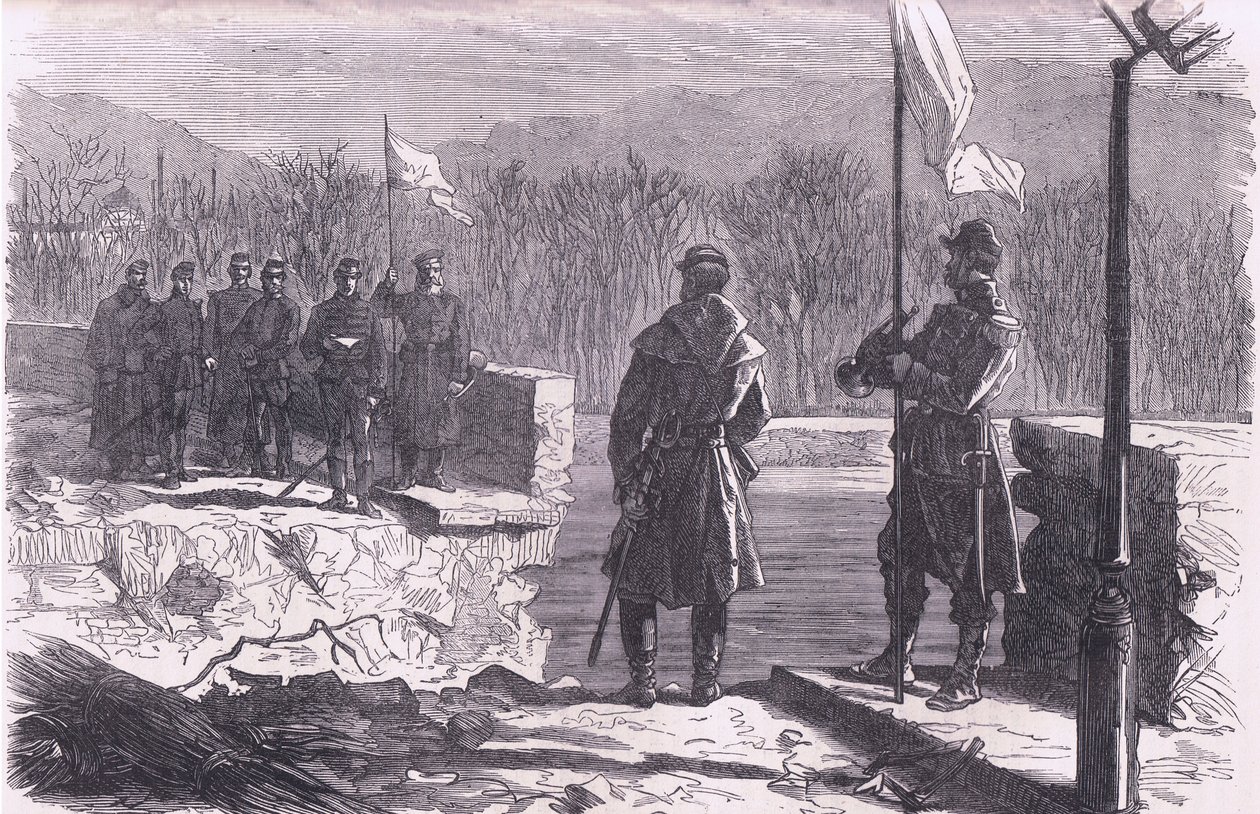 Las negociaciones de paz: una reunión en el Puente de Sèvres, Historia de la Guerra entre Francia y Alemania de Cassell, publicada por Cassell and Company Limited, c.1890 (litografía) de German School
