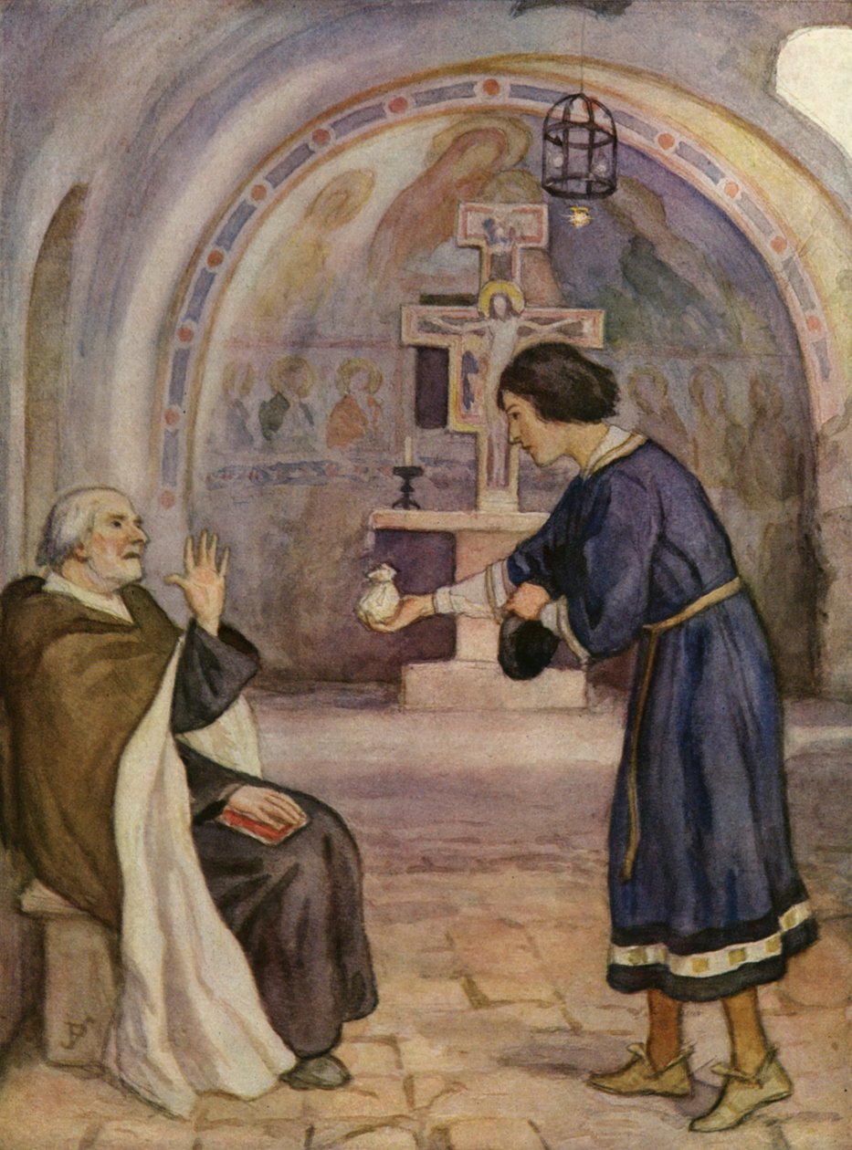 El cura de San Damián rechaza la donación de San Francisco para reparar su iglesia (litografía en color) de German School