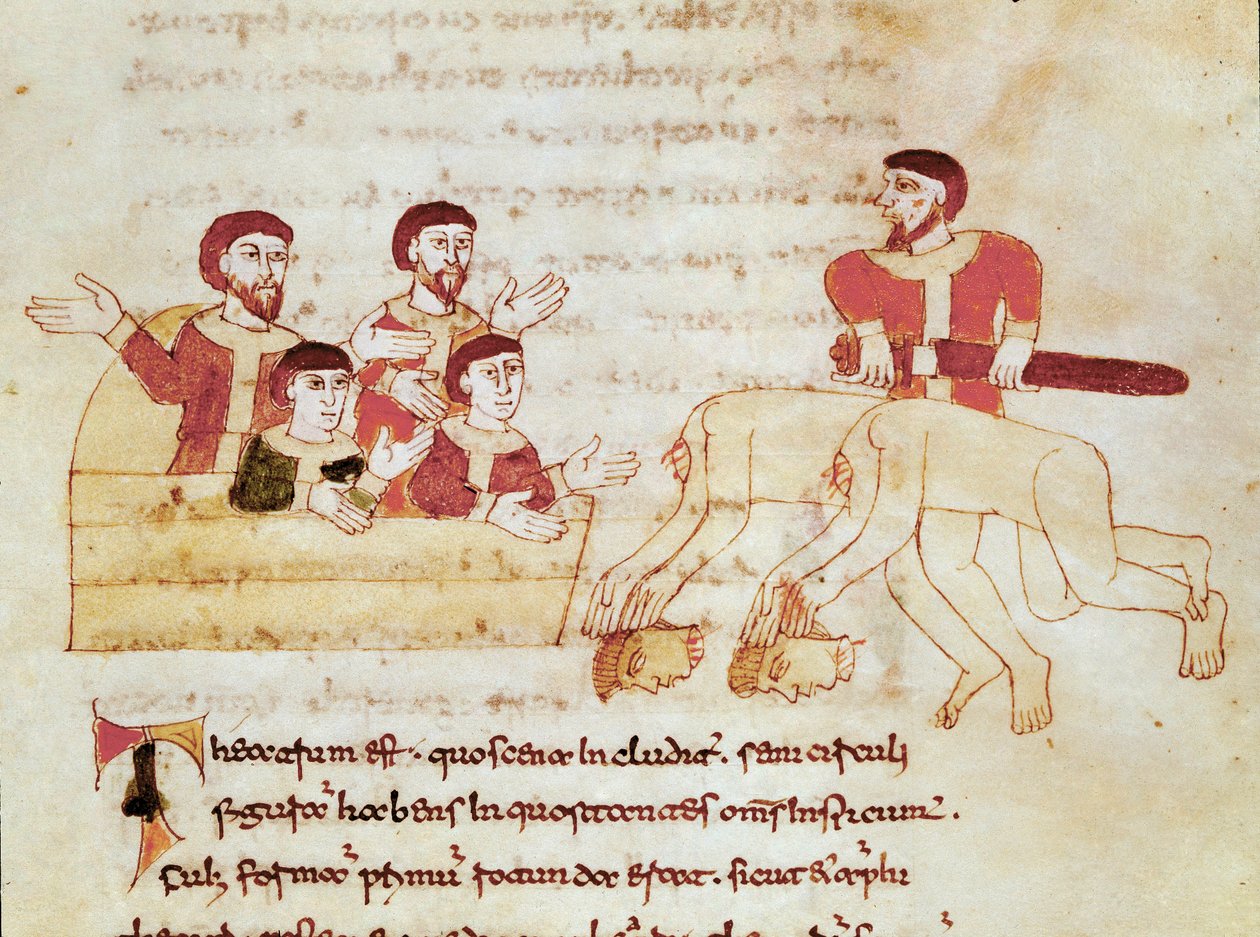 Escena de teatro, el público a la izquierda aplaude la actuación de los actores. Miniatura tomada del manuscrito De Universo (o De rerum naturis (De la naturaleza de las cosas)) (cod. 132) por Rabanus Maurus Magnentius (ca. 780-856) de German School