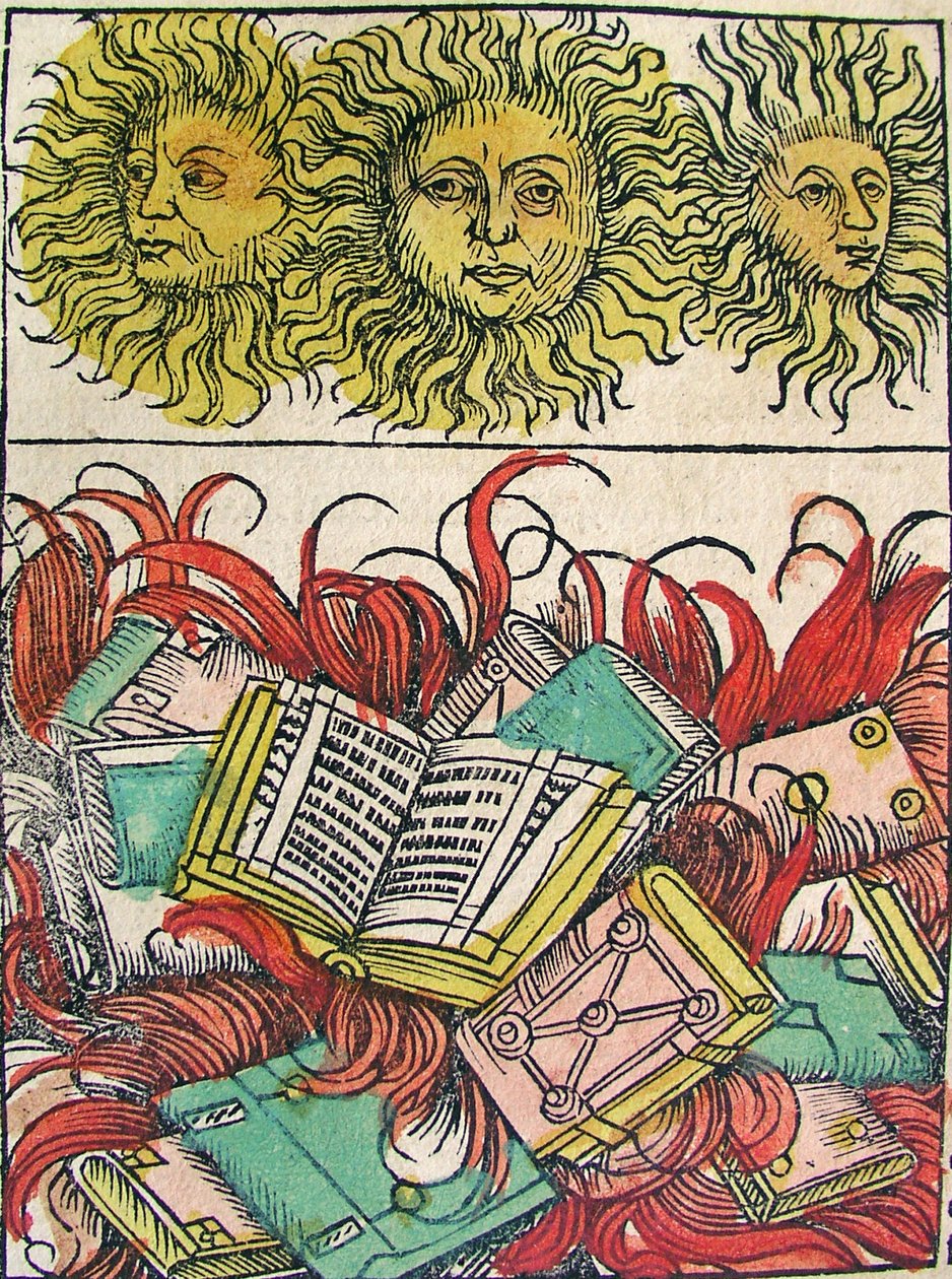 Tres soles y quema de libros, publicado en la Crónica de Núremberg, 1493 de German School