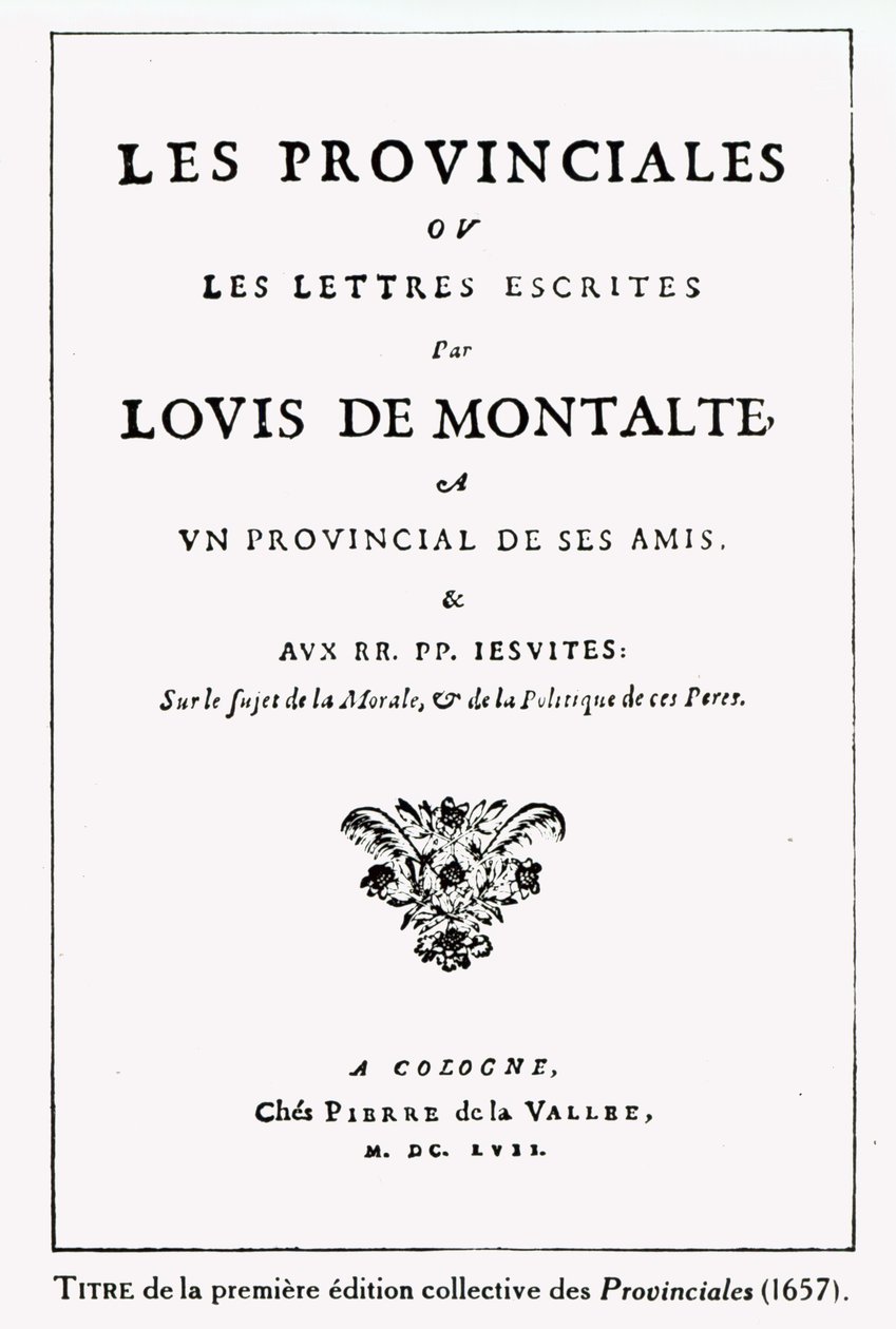 Portada de Les Provinciales de Blaise Pascal (1623-62), Ámsterdam, 1657 (tinta sobre papel) de German School
