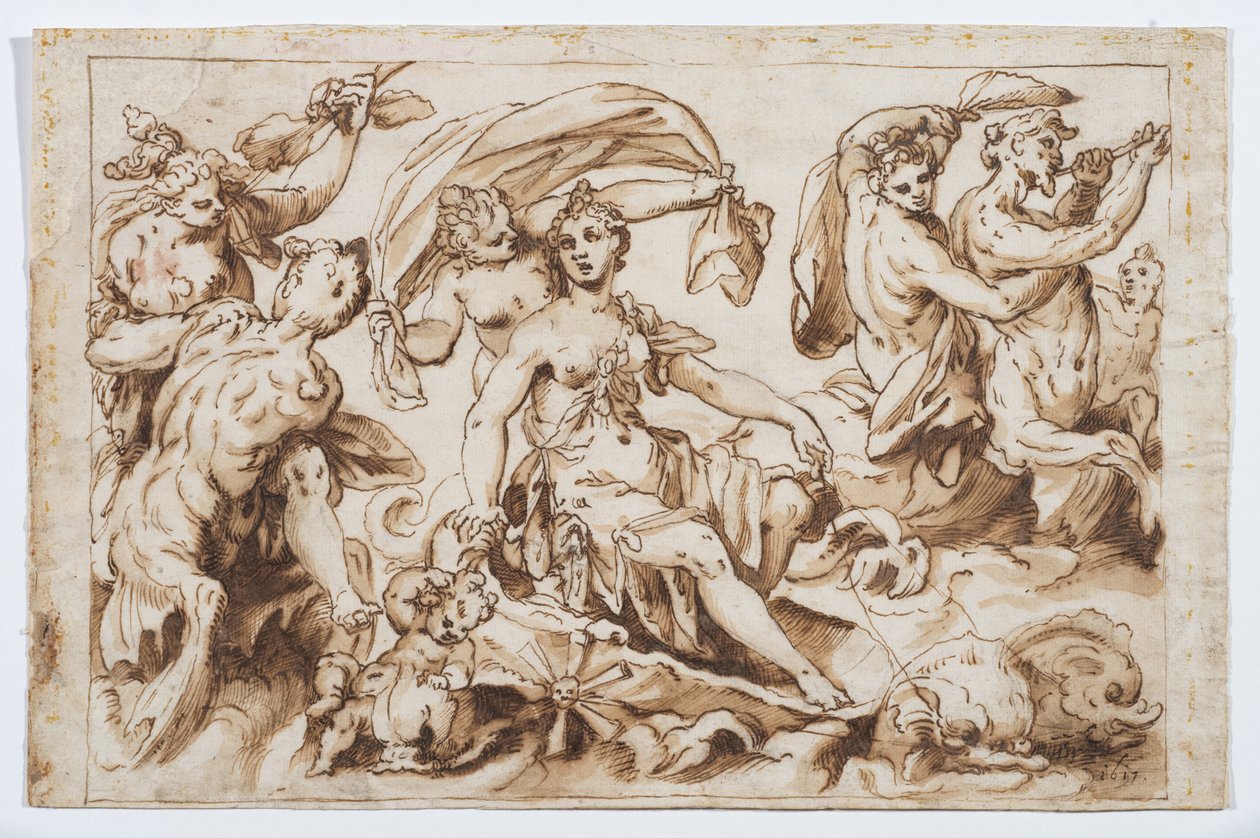Triunfo de Galatea, c.1617 (tiza negra, pluma y tinta marrón y aguada marrón) de German School