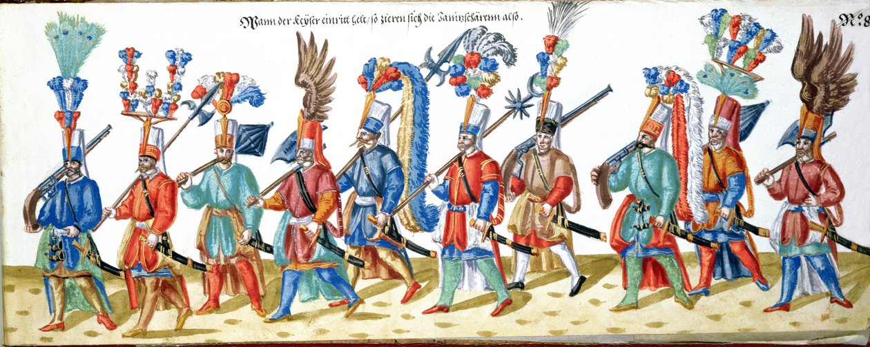 Jenízaros Turcos, de una colección de ilustraciones relacionadas con la corte del Sultán Otomano, c.1600 de German School