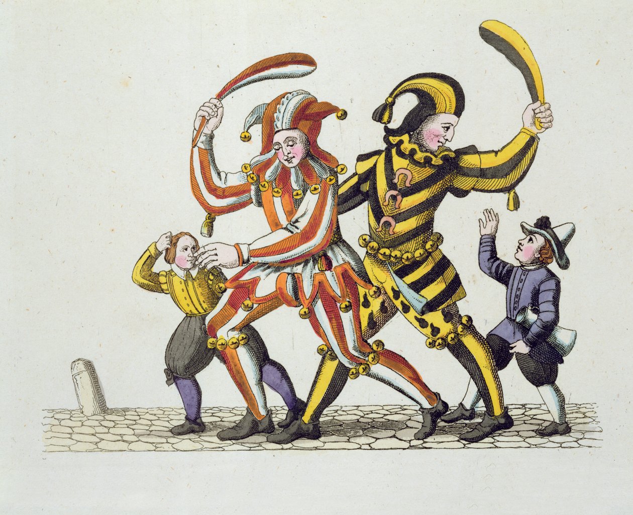 Dos Bufones Jugando con Niños, de las Costumbres y Prácticas en Juegos y Canciones de la Antigua Nuremberg, reeditado en 1831 de German School
