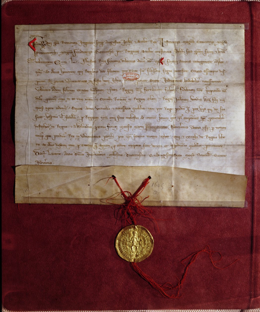 Compromiso del Emperador Federico II (1194-1250) de suministrar caballos, armas y provisiones al Rey Luis IX (1214-70) para la Séptima Cruzada, 1246 de German School