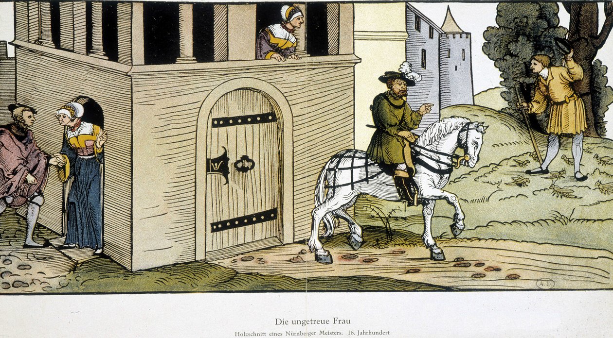 Esposa infiel recibiendo a su amante por la puerta trasera después de la partida de su esposo, Alemania de German School