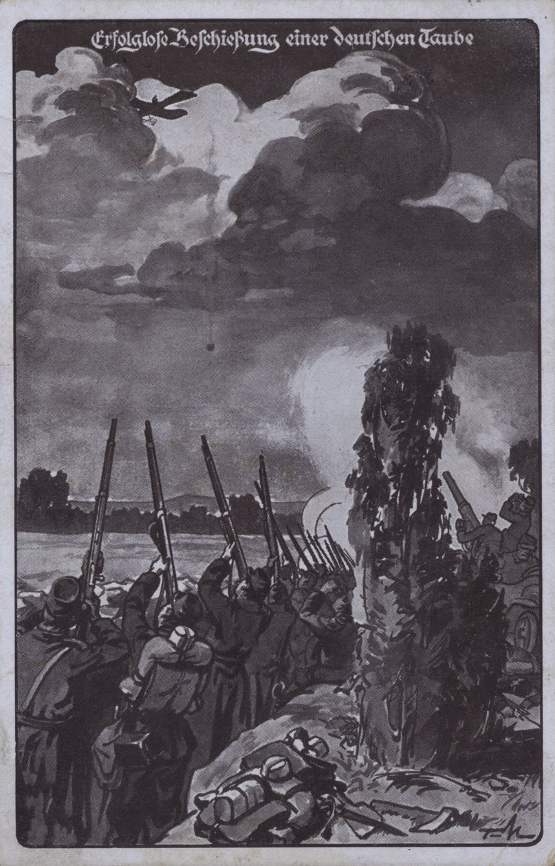 Intento fallido de derribar un avión alemán, Primera Guerra Mundial (litografía) de German School