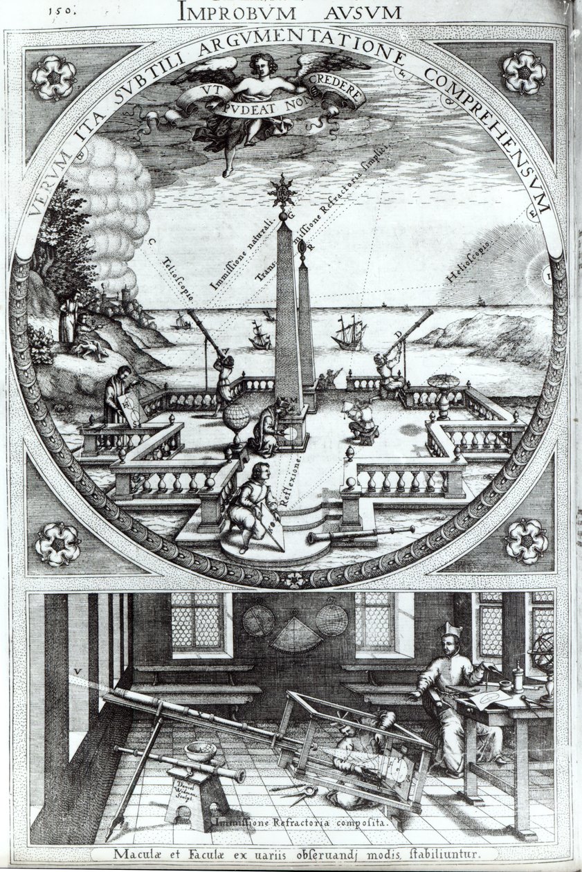 Varios métodos de observar manchas solares, ilustración de Rosa Orsina por Christoph Scheiner, publicada en 1630 de German School