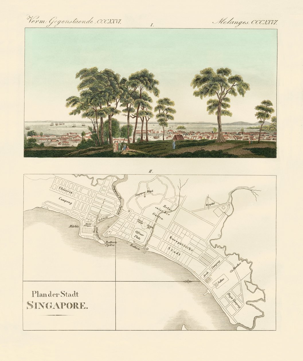 Vista y mapa del establecimiento de las Indias Orientales en Singapur de German School