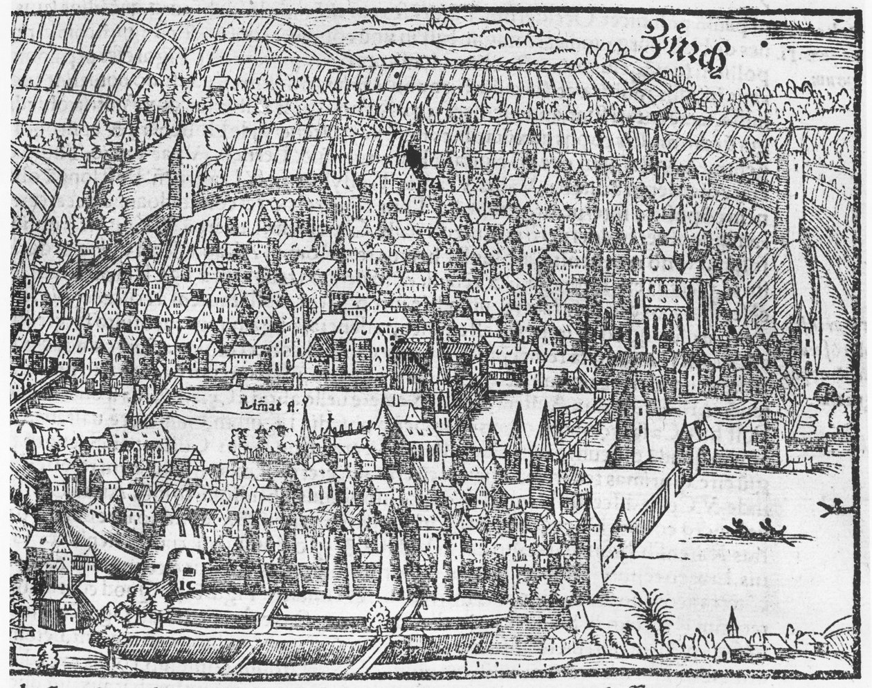 Vista de Zúrich, de Cosmographie Universelle por Sebastien Munster (1488-1552) Basilea, publicada en 1559 de German School