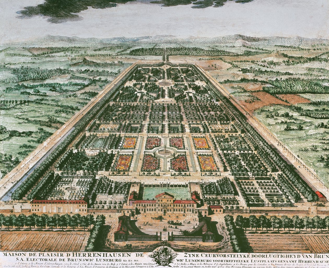 Vista del jardín del Castillo de Herrenhausen, circa 1708, impresión en color, Alemania de German School