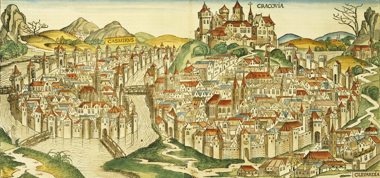 Vista de la ciudad de Cracovia (Cracovia), del Crónica de Núremberg por Hartmann Schedel (1440-1514) 1493 de German School