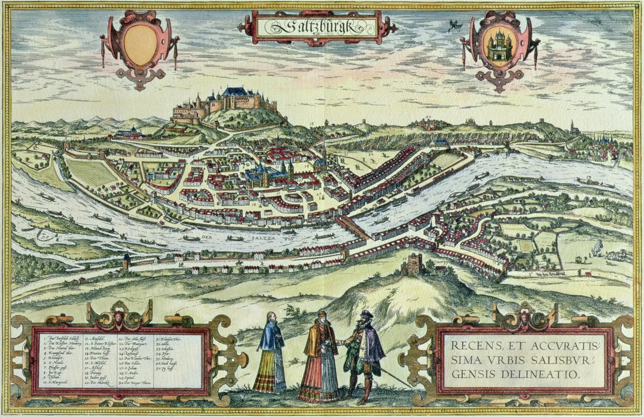 Vista de la ciudad de Salzburgo a orillas del río Salzach con el castillo de Honensalzburgo al fondo, de "Old European City Scenes" (grabado) de German School