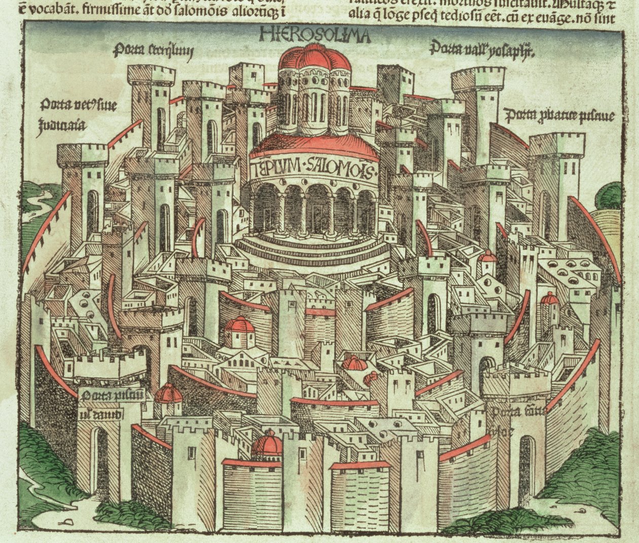 Vista de la ciudad amurallada de Jerusalén mostrando el Templo de Salomón y las puertas de la ciudad, del Crónica de Núremberg por Hartmann Schedel (1440-1514) 1493 de German School